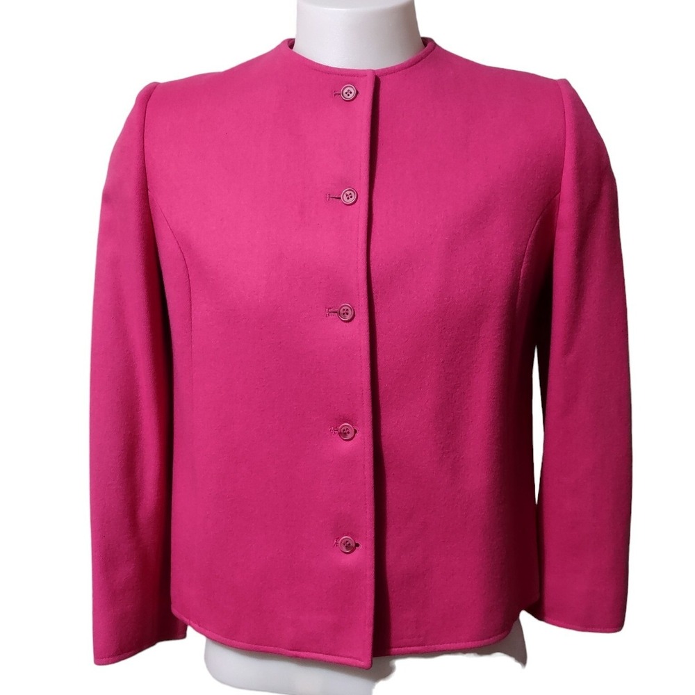 Vintage Wool Blazer Jacket Size 12 Women Pink Collarless Professional Bold Retro